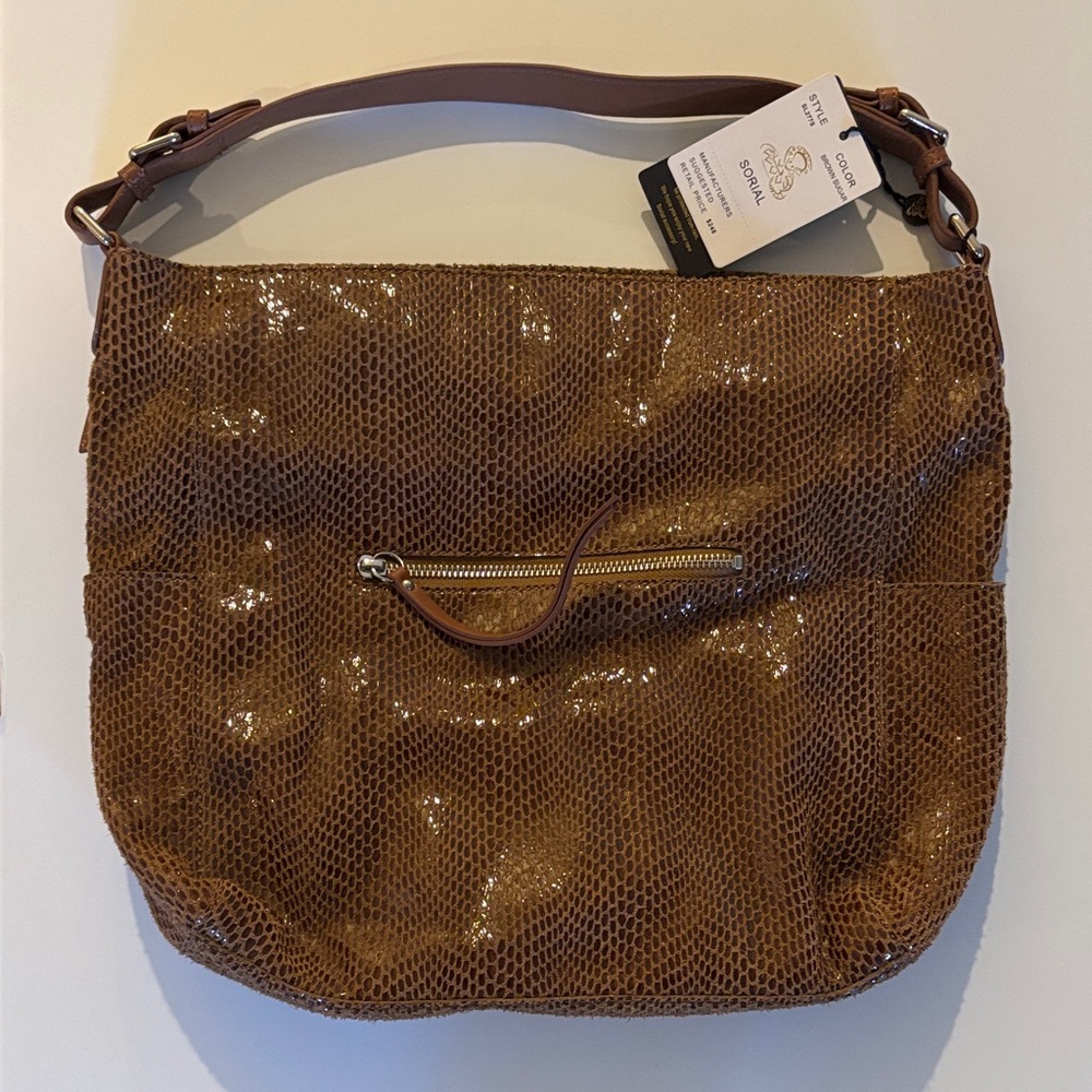 Glossy Brown Sugar Sorial Snakeskin-Texture Shoulder Bag - brand new with tags